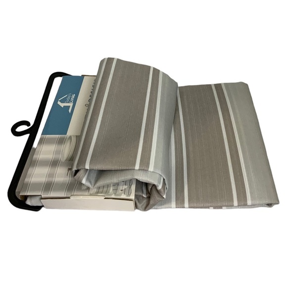 Striped Fabric Shower Curtain Ceramic Accessories 3 Pieces White Grey Tan Khaki - Picture 8 of 15